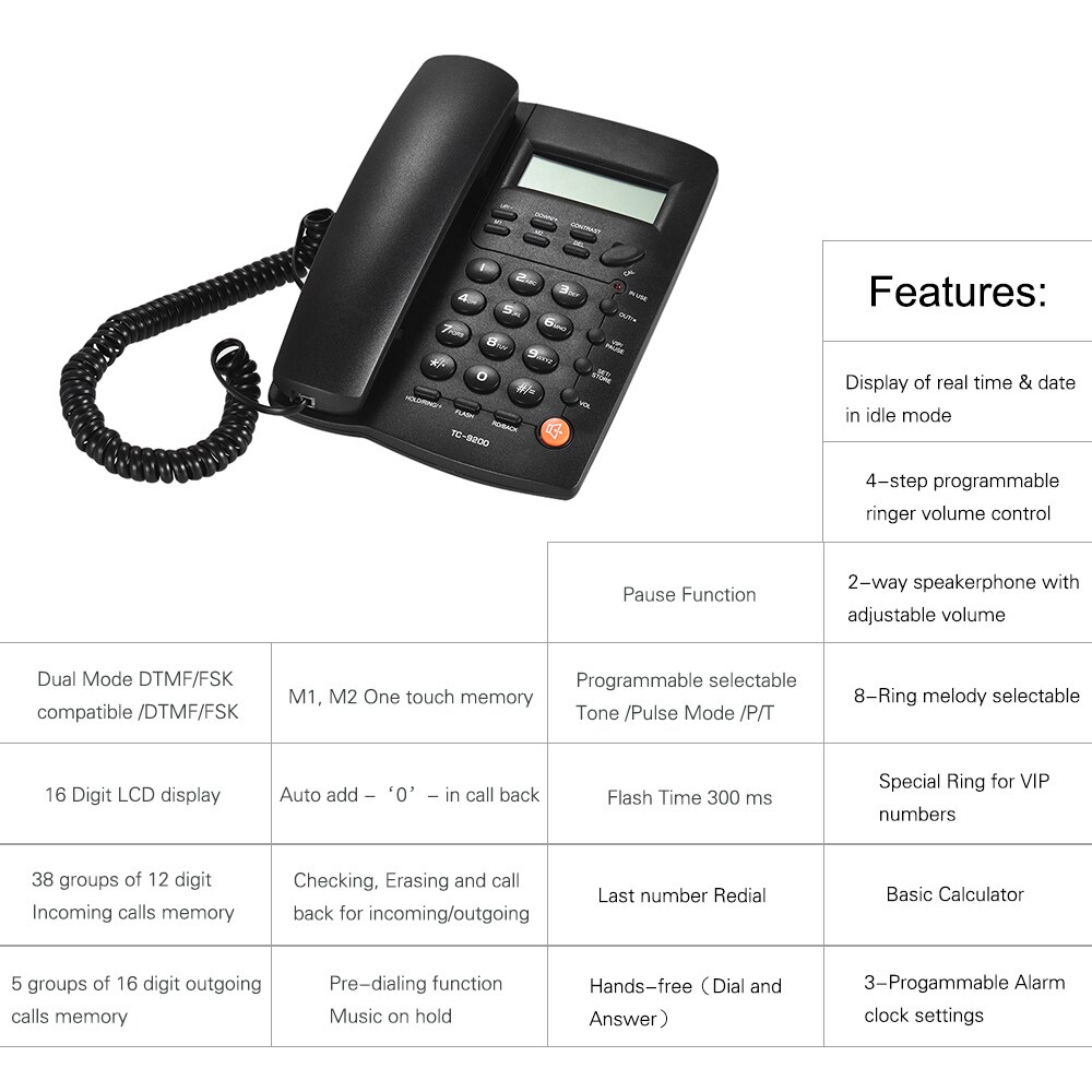 Desktop Corded Telephone Phone with LCD Display Caller ID Volume Adjustable Calculator Alarm Clock for Call Center Office Hotel
