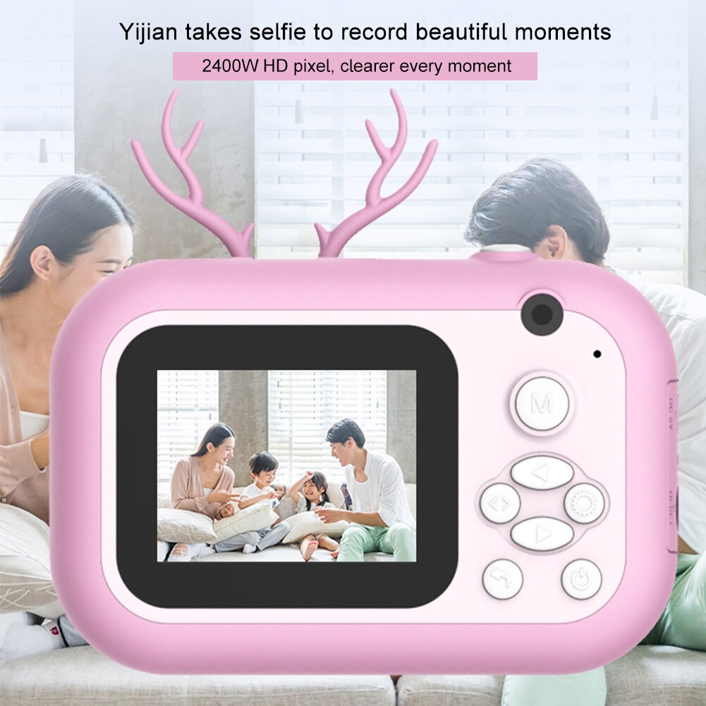 16G Instant Print Camera Zero Ink Photography Birthday USB Rechargeable 24MP Cute Antler Travel Selfie For Kids Digital