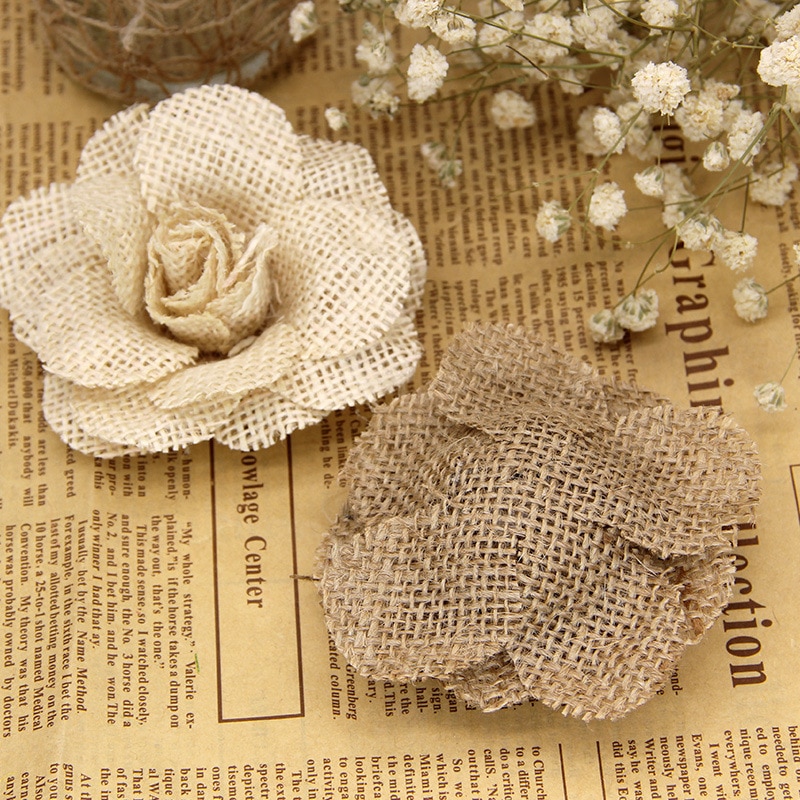 2/3/5pcs 9cm Fait Main Jute toile De Jute Toile De Jute Rose Fleurs Vintage Décoration De Mariage Rustique Jute Décorations De Noël pour la maison