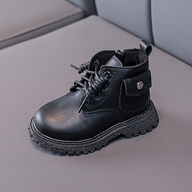 Autumn Winter Kids Martin Boots For Girls Boys Leather Boots Side Zipper Baby Shoes Pocket Children Sneakers: black / 28
