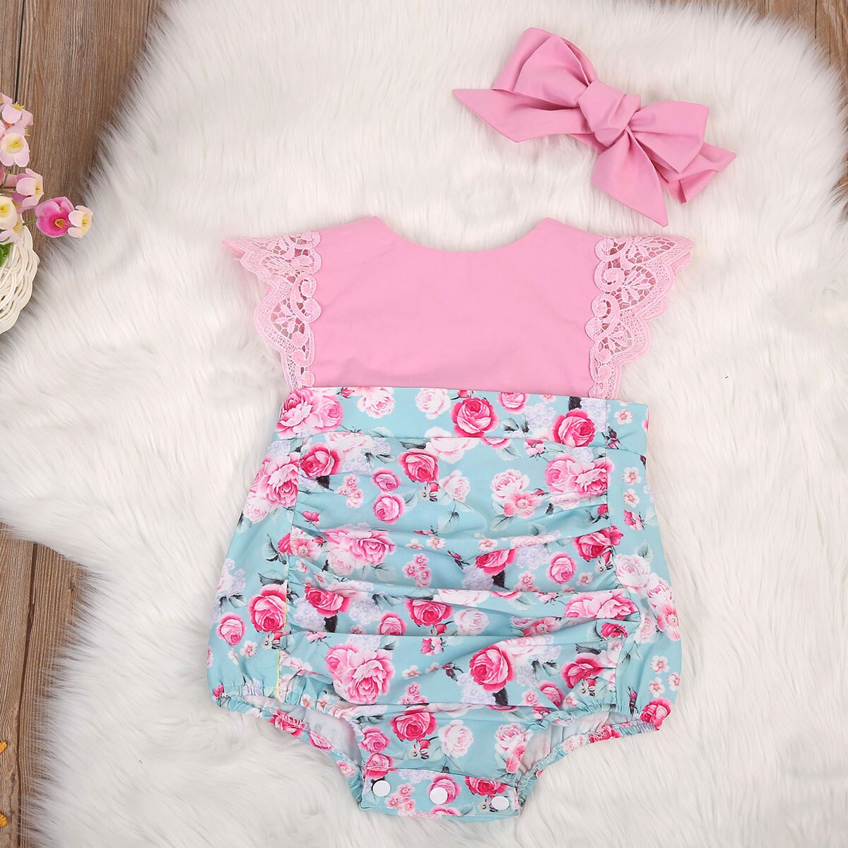 Babymeisjes kinderoutfits set bloemen rug kruis prinses romper kant vliegende mouwen jumpsuit feest zonnepak kleding: Blauw / 24m