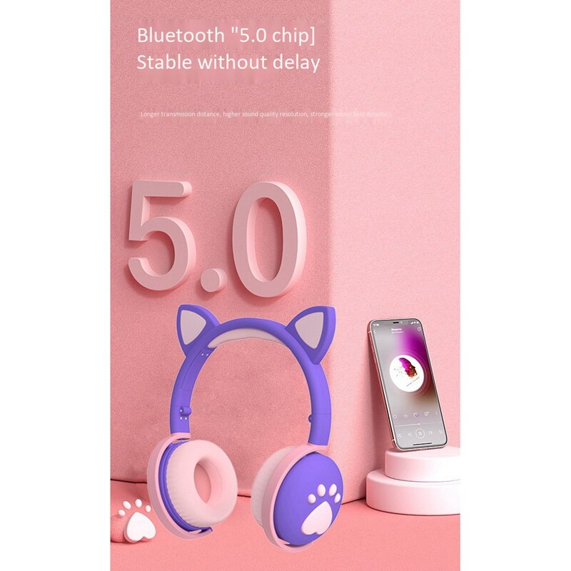 Cat Headset with Mic Kids Bluetooth 5.0 Cute LED Light Noise Stereo