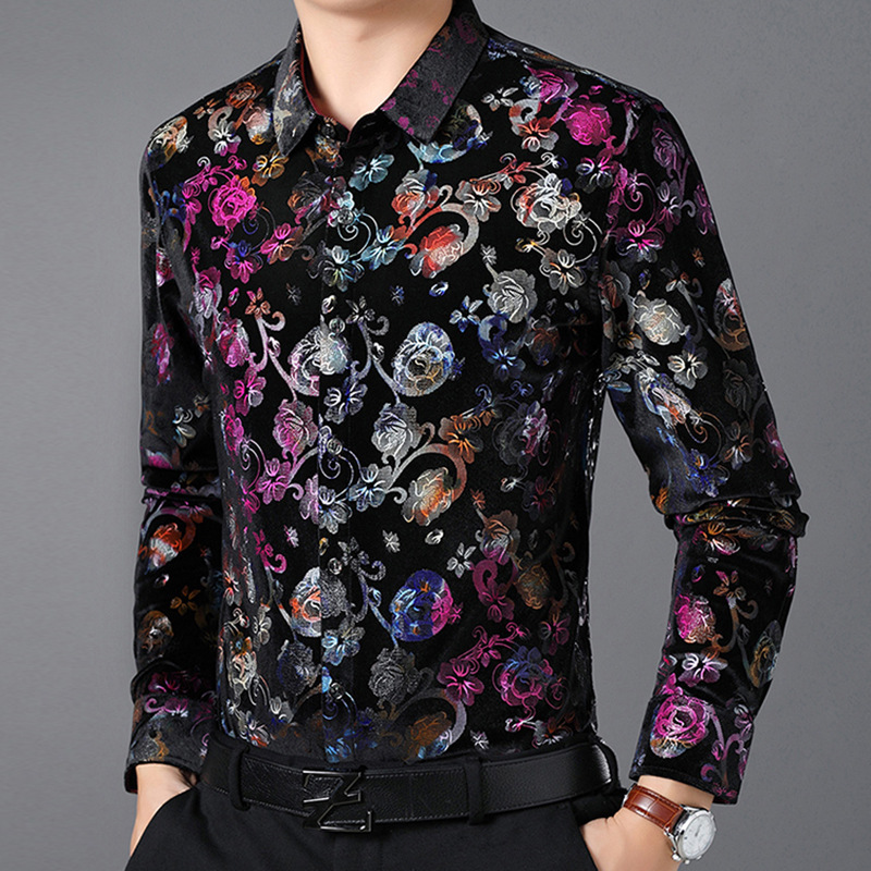 Camisa social masculina de veludo com estampa flor... – Vicedeal