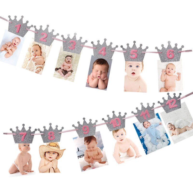 baby shower Kids Frist Birthday Banners 12 Months Photo Frame Bunting Garland Boy Girl 1st One Year Party Decoration Supplies: 5