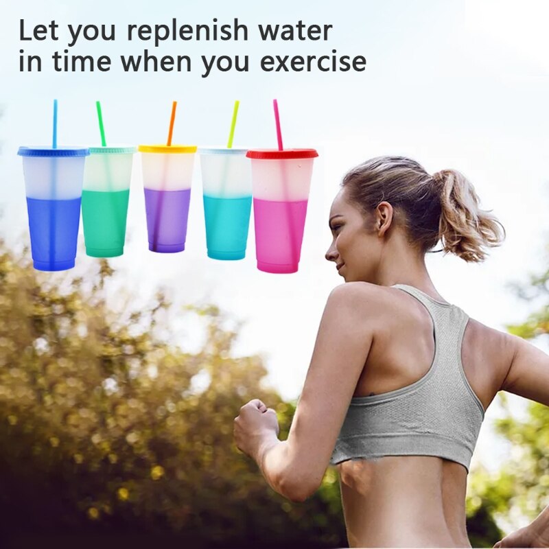 Color Changing Cups 5 Pieces with Lids and Straws Summer Coffee Tumblers Party Cups for Adults Plastic Material BPA Free