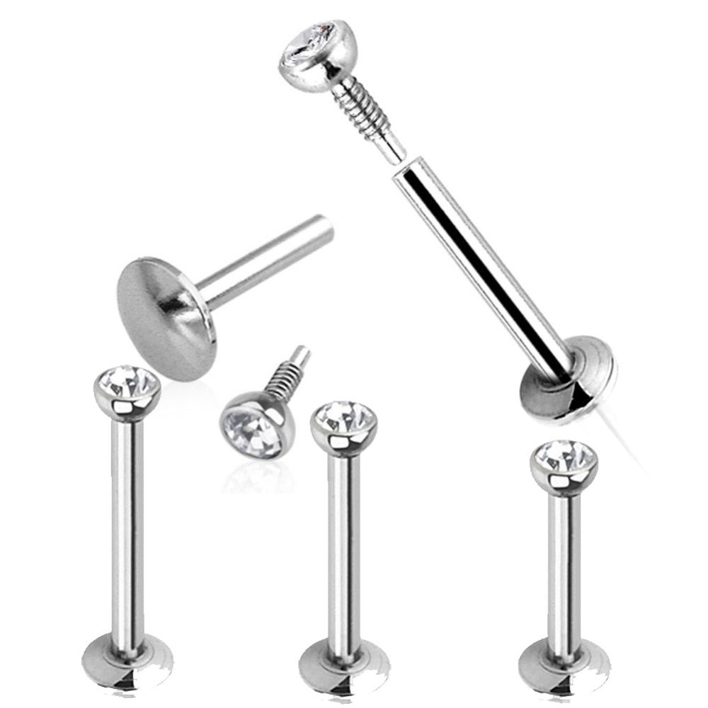 1pc Silver Labret Lip Ring Zircon Anodized Internally Threaded Prong Gem Monroe 16G Tragus Helix Ear Piercing