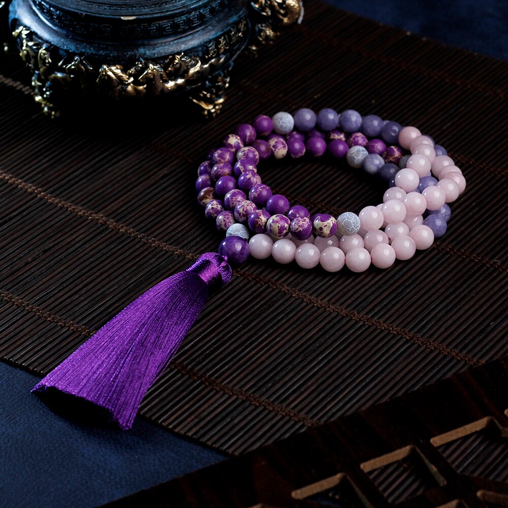 Collar Japamala para mujer, borla púrpura, collar con cuentas, piedra Imperial, meditación, Yoga, fuente disponible, joyería femenina 108