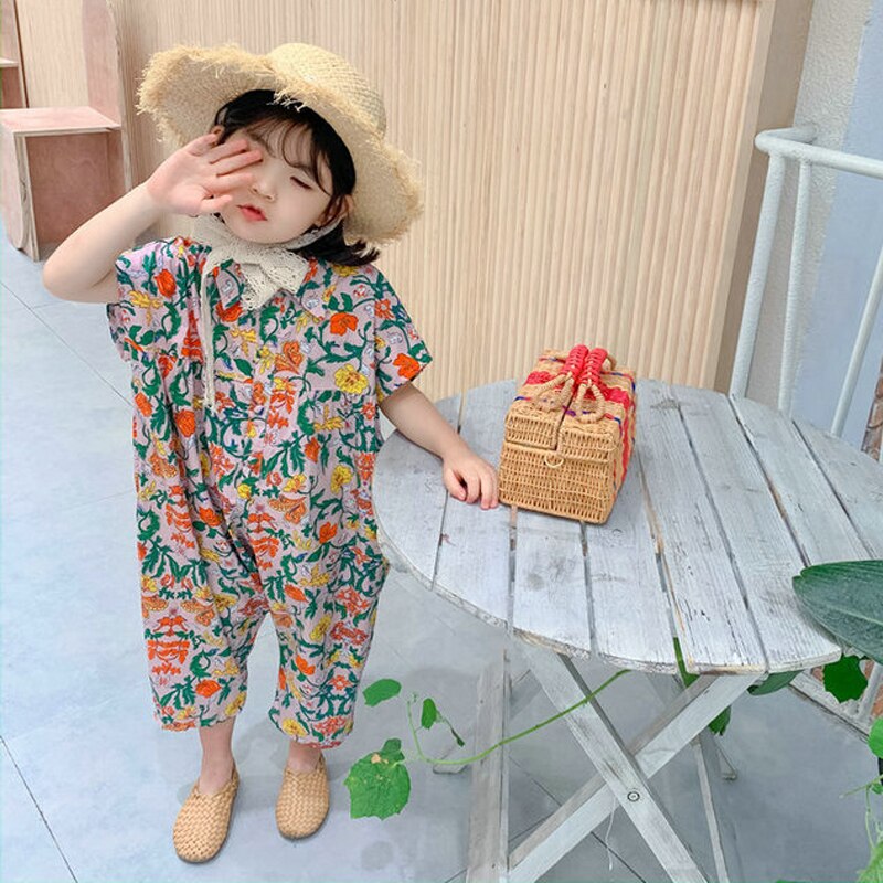 Macacão infantil para verão, roupas florais para meninas, macacão casual japones e coreano para bebês e crianças 2020