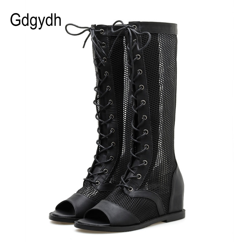 Gdgydh veterschoenen voor dames in de zomer, stijlvolle rome mesh open teen rits kniehoge laarzen sandaal hoogte toenemende zwarte punkschoenen