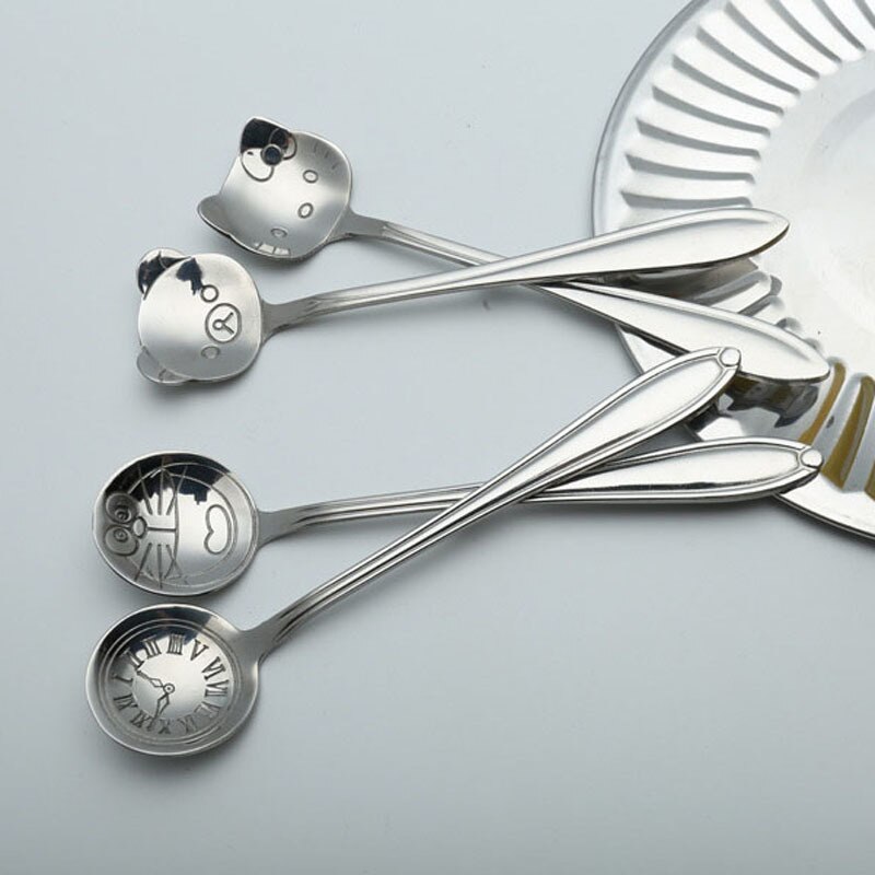 ZORASUN 12CM de largo mango bonito gatito de dibujo animado oso cuchara de café acero inoxidable para postre cucharas estilo moderno Paquete de 4 piezas