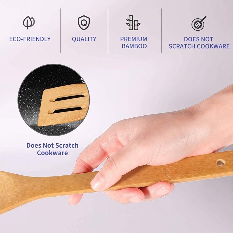 Bamboo Kitchen Utensils Set - Cooking Spoons 6 Pcs Cooking Utensils With Holder,Nonstick Heat Resistan Spatula Fork
