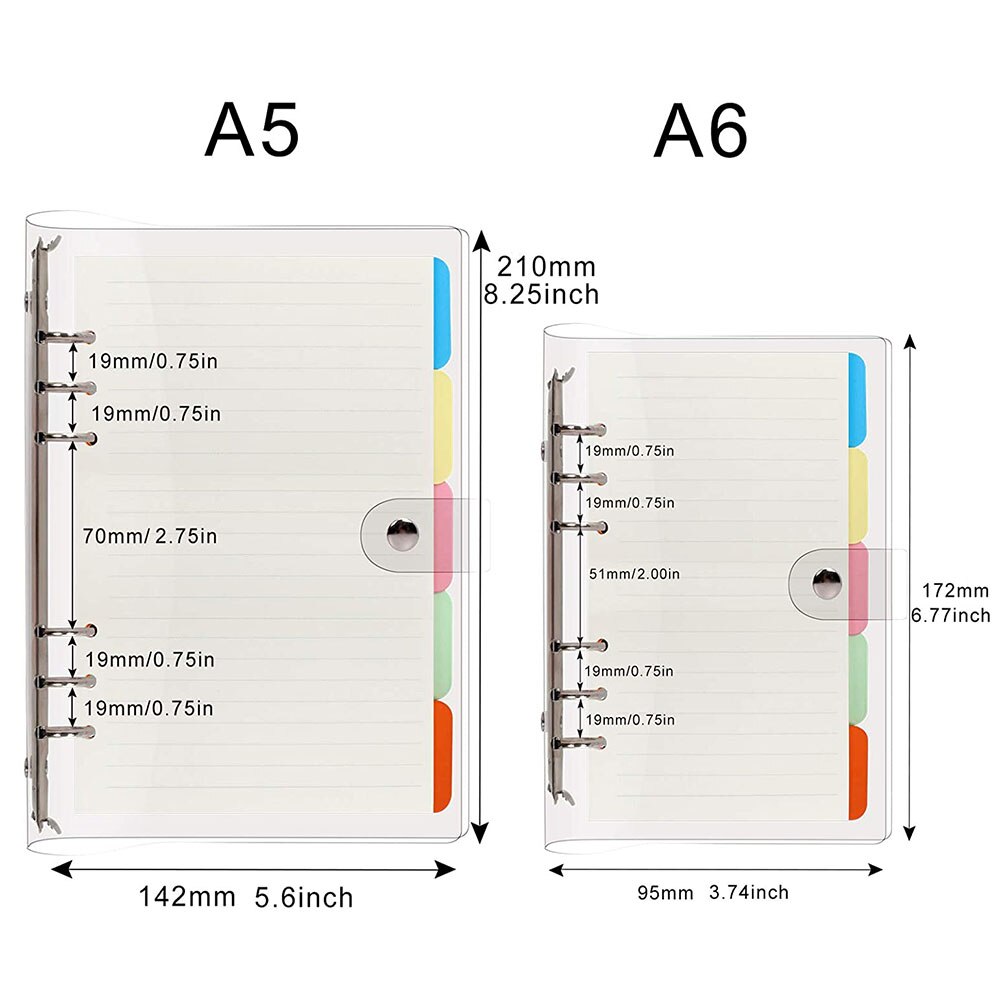 Carpeta estilo agenda A5 A6 de PVC transparente, cubierta recargable, hoja suelta, 6 anillos, diario Personal con insertar 45 hojas, separadores de papel