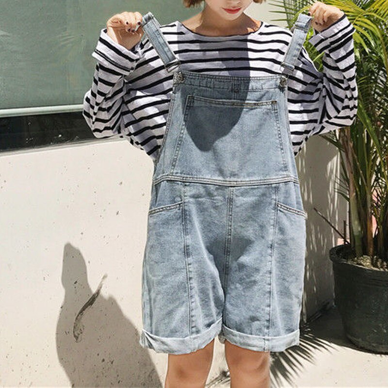 Playsuits Women Denim Solid Pockets Korean Style Loose Chic High Waist Female Rompers Ulzzang All-match Overalls Popular Cute