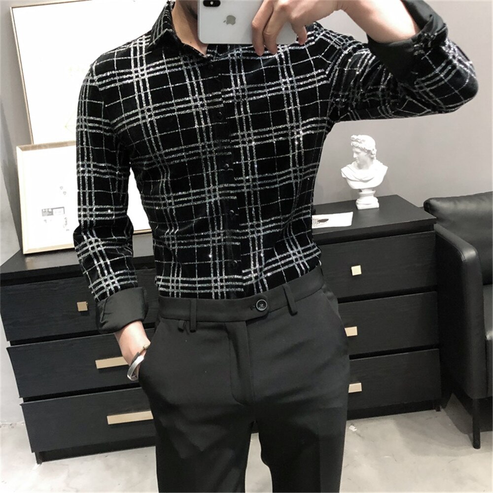 Luxury Velvet Palid Shirs Men Long Sleeve Slim Fit Casual Shirt Spring Business Formal Dress Shirts Social Party Clothing
