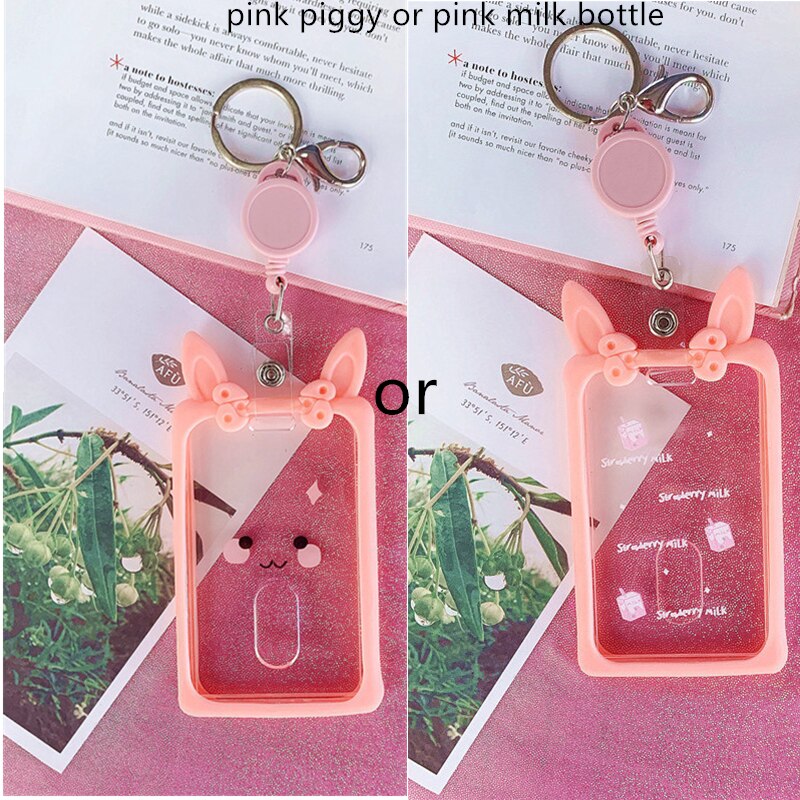 Leuke Ear Intrekbare Kaarthouder Piggy Melk Fles Student Bus Kaarthouder Pass Cover Sleutelhanger Badge Card Case Opbergtas: pink