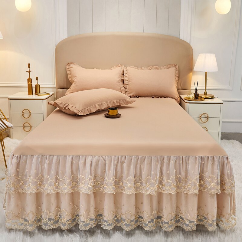 Stickerei Spitze Prinzessin Bett Felsen Doppel Schicht Rüschen Bettlaken Königin Größe Bett Dekoration Röcke Kissen Hochzeit #/: -LD-04-4 / 1pc Rock 150x200cm