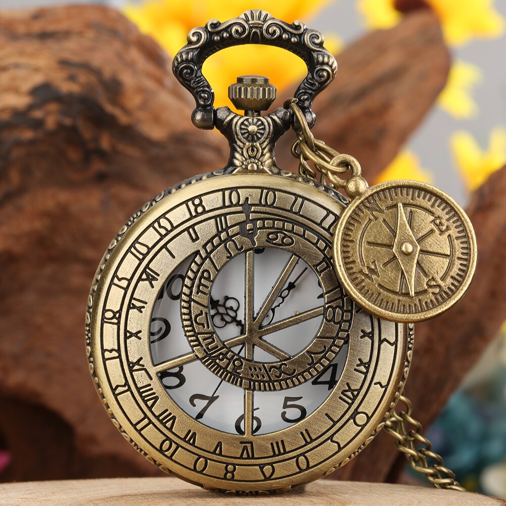 Unisex Antique Astrology Compass Pocket Watch Quartz Retro Bronze Necklace Fob Clock with Chain Compass Accessory Man Women