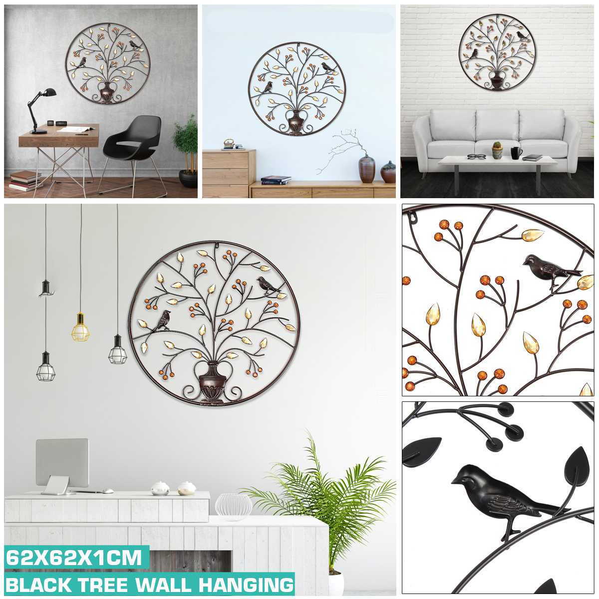 Zwarte Vogels Boom Metalen Ijzeren Sculptuur Ornament Voor Thuis Kamer Muur Opknoping Decoratie Kunst Ambachten 62Cm/24.4Inch