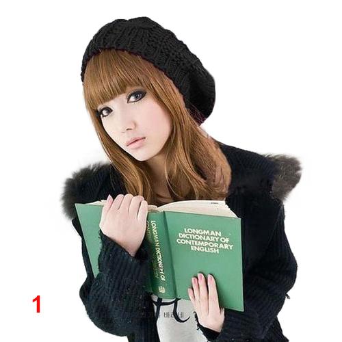 Womens Berets Hats Lady Beret Hat Braided Baggy Beanie Crochet Hat Ski Knitted Cap: Black