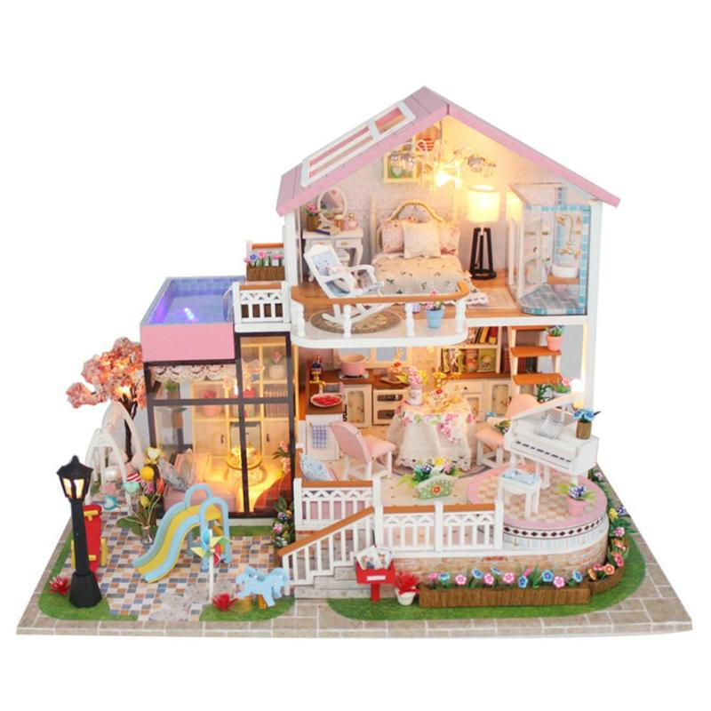 Kinder Holz Miniatur Puppenhaus Kinder DIY Puppe Haus Kind Handgemachte Montage Modell Haus Spielzeug Junge Mädchen Puppenhaus Geburtstag