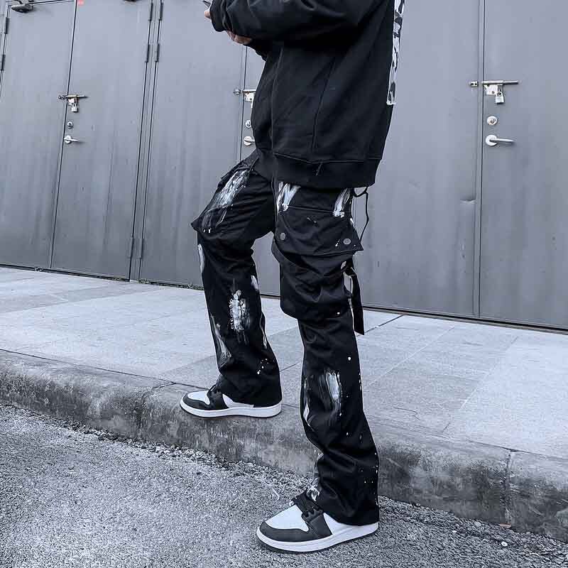 Kiovno Mannen Hip Hop Streetwear Broek Graffiti Gedrukt Broek Mannelijke Brabd Grote Zakken Met Linten