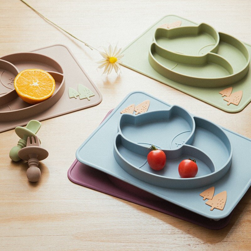 Juego de vajilla de alimentación para bebé, plato de comedor de zorro, cuchara de silicona, tenedor, impermeable, sin BPA, tazón de silicona de grado alimenticio, 3 unids/set