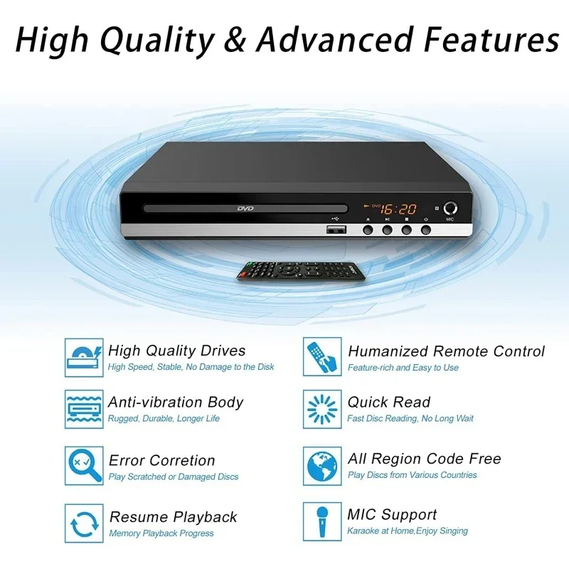Full HD DVD-Player 1080P High Definition CD/EVD/VCD-Player mit AV- und HDMI-Ausgang Mikrofon USB für Home TV KTV Party