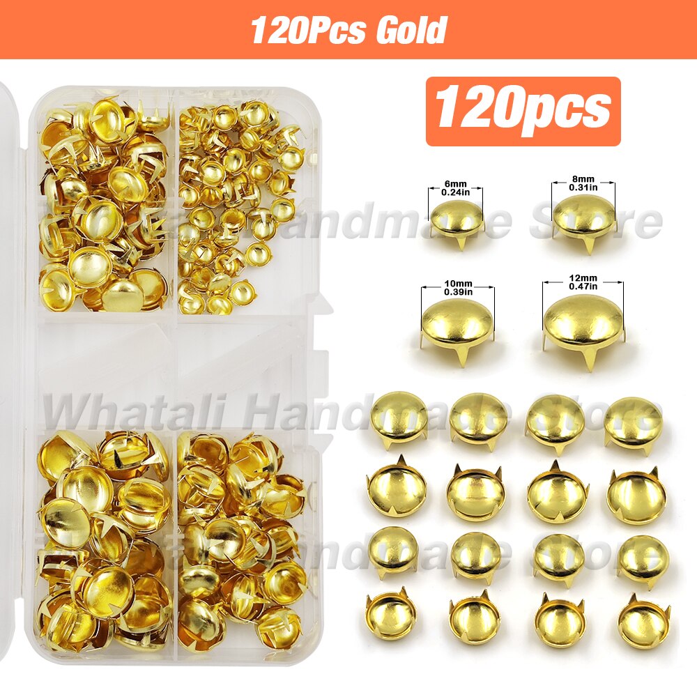 Moule en forme de dôme rond, Rivets, pointes, Kits de têtes de clous avec presse à main, Machine pour chaussures, sacs et vêtements, maroquinerie, 6/8/10/12mm: 120Pcs Gold