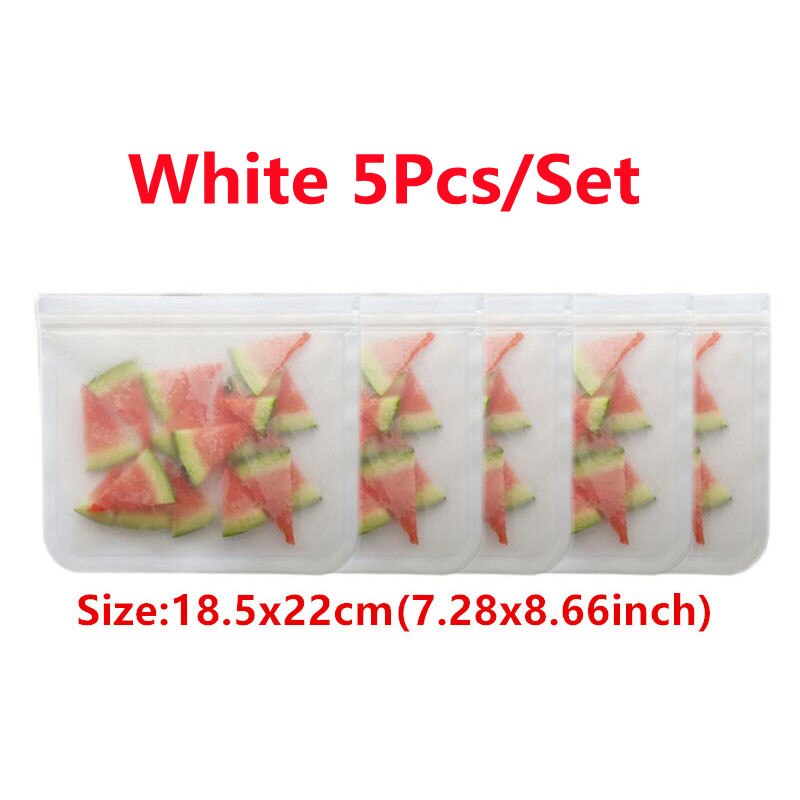 Juego de Bolsas de Silicona para Alimentos, Conjunto de Empaques con Sello, Ideal para Almacenamiento y Conservación Fresca de Frutas y Verduras, Reutilizable, A Prueba de Fugas, Estilo Bolsa Ziploc, 14 Piezas: 5Pcs White