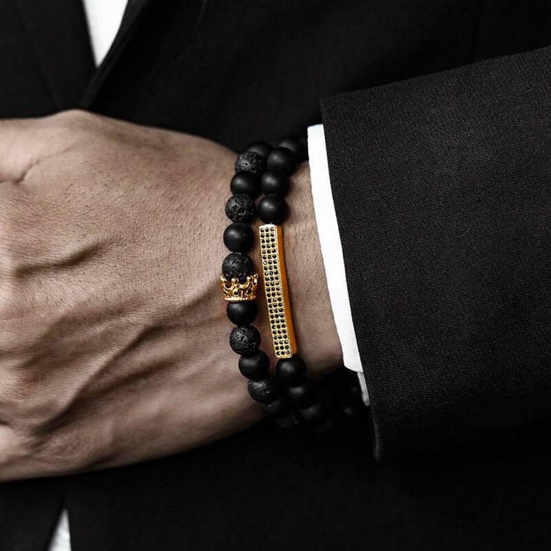 Conjunto de 2 unids/set de pulsera de corona de León para hombre, brazalete clásico de cuentas de piedra de Lava mate, pavé CZ, de joyería: 5