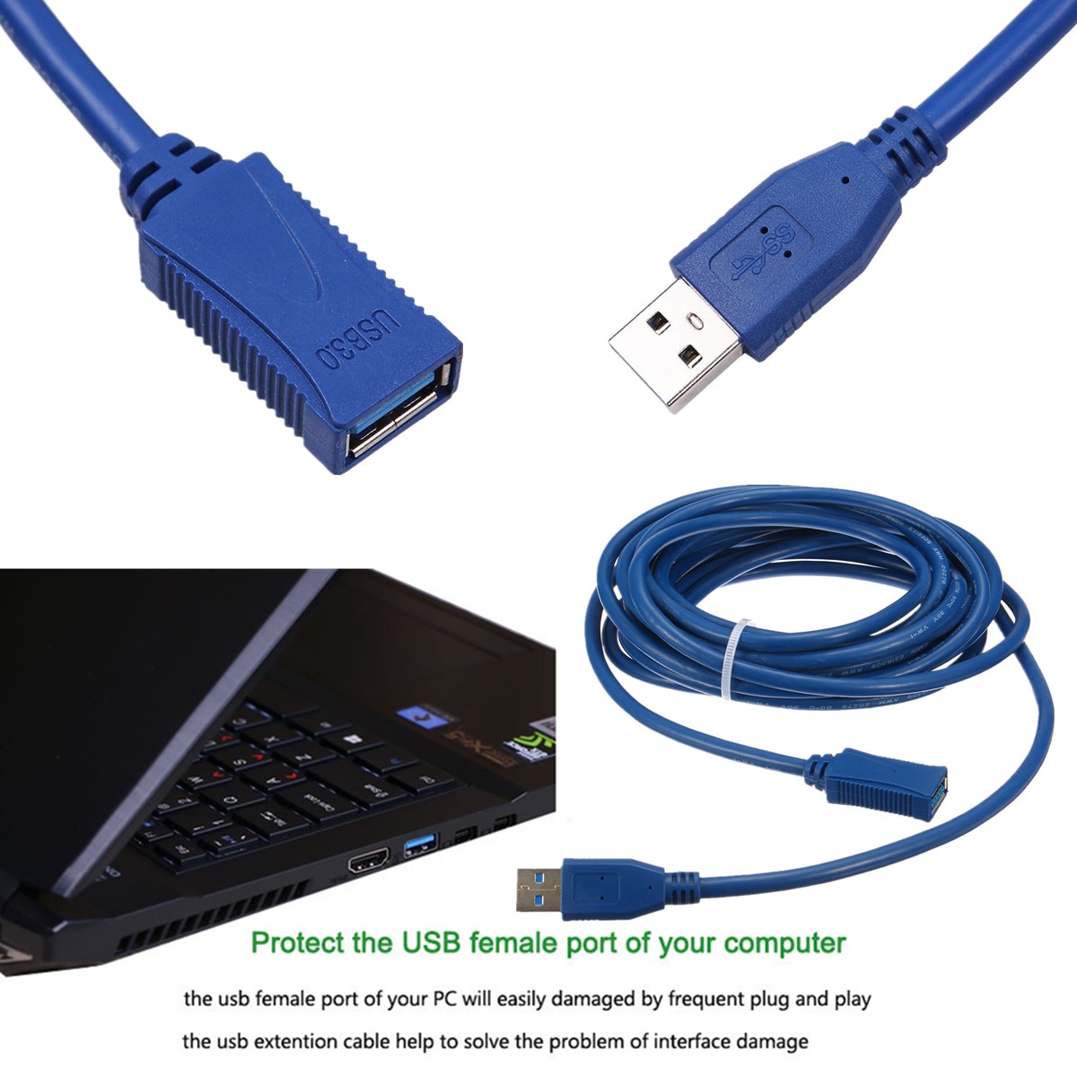 5M USB3.0 Active Repeater Cable Extension Lead 2-in-1 Computer Socket Adapter Extender Prevents Electro-magnetic Interferences