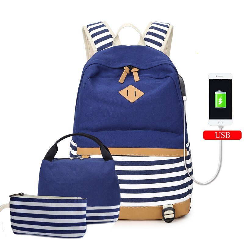 Diomo usb opladning skoletasker til piger lærred bomuldsstof stribet rygsæk til børn taske pakke skoletaske: 1610 blå