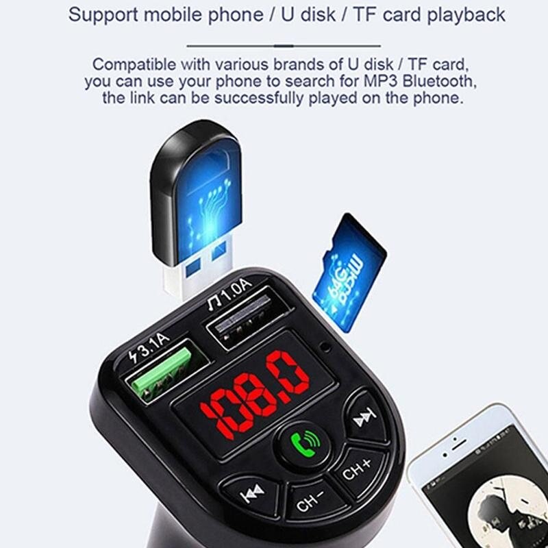 FM Transmitter Bluetooth Car MP3 Player Handsfree Car Gadgets Dual Charger Player Kit Music USB Car Accessories TF Disk U V7E1