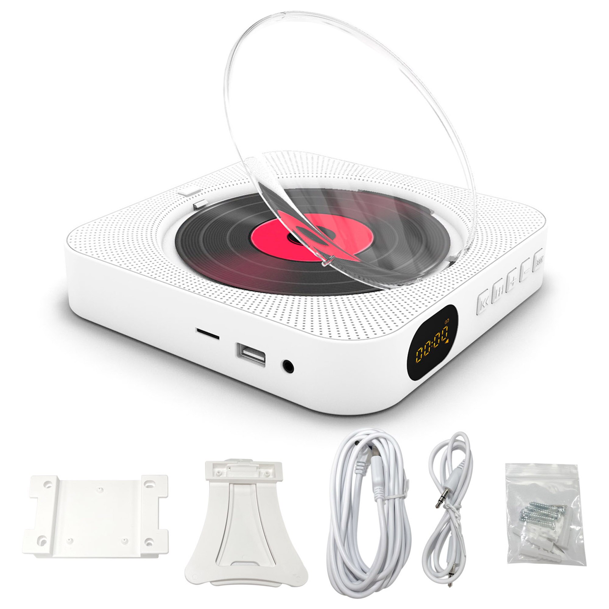 Reproductor de CD portátil, Altavoz Bluetooth, reproductor de CD estéreo, pantalla LED, reproductor de música de CD montable en pared con Control remoto IR, Radio FM