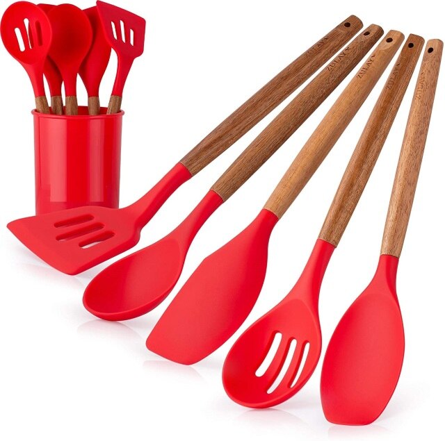 7-pieces Italian Kitchen Gadgets,cooking Utensils Set, Kitchen Utensils Set, Nylon Utensil Sets With Rotating: Red