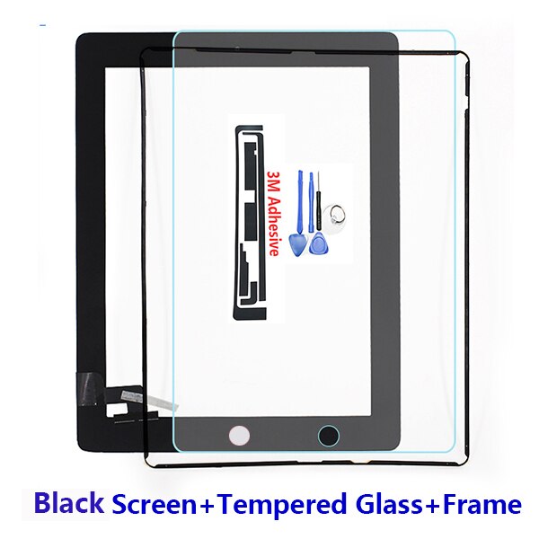 Tablet Touch Screen for iPad2 A1395 A1396 A1397 Digitizer Front Pane Replacement Touchscreen + Tempered Glass Middle Frame: Black Glass Frame