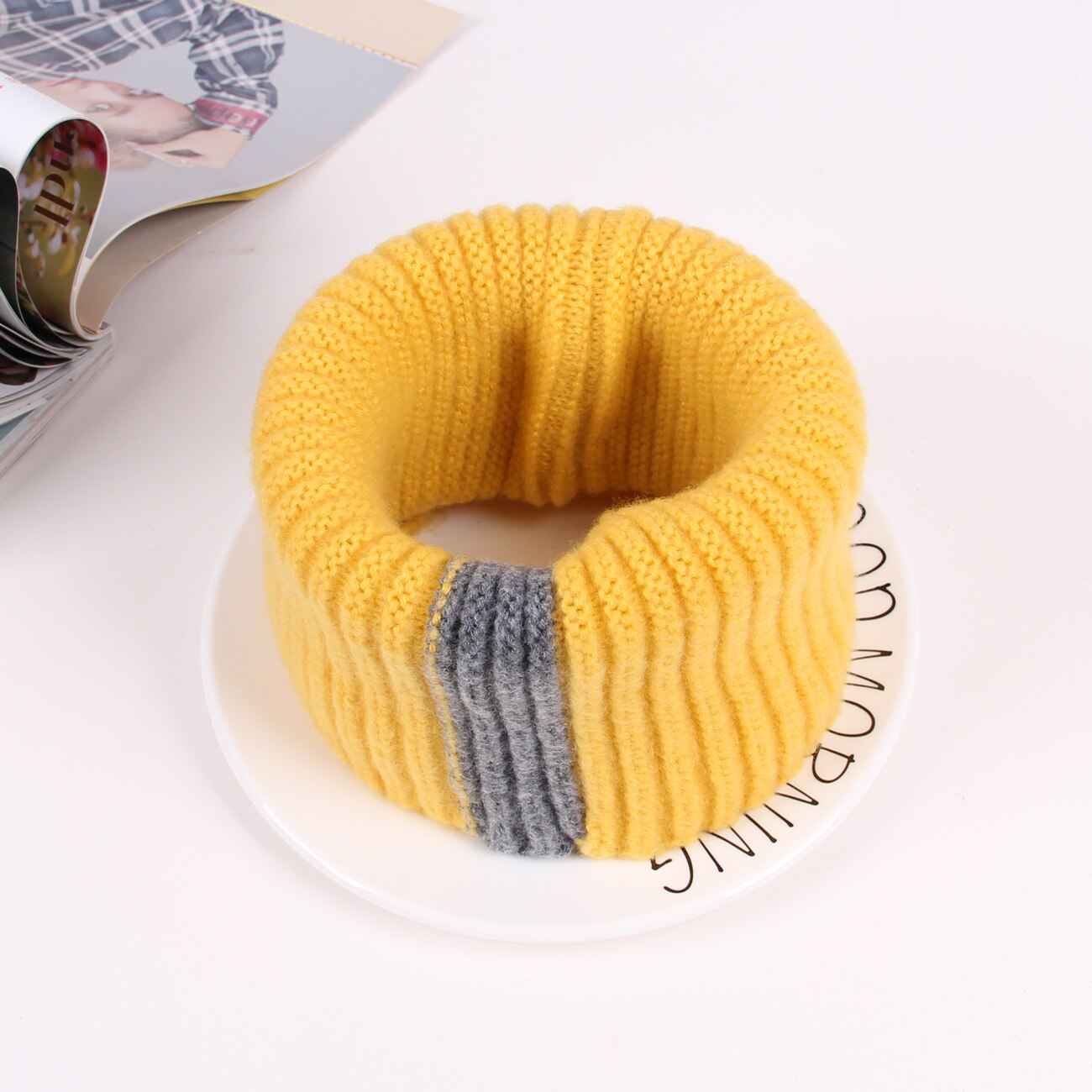 Gebreide halssjaal meisjes dikke warmere fleece binnenkant winter effen snood sjaal wol elastische kinderen kraag ring sjaals: Geel