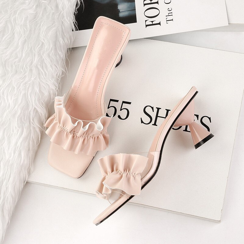 Zomerse dames slippers hoge hakken sandalen ruches vrouwelijke buitenslippers casual vakantie strandschoenen: Abrikoos / 5