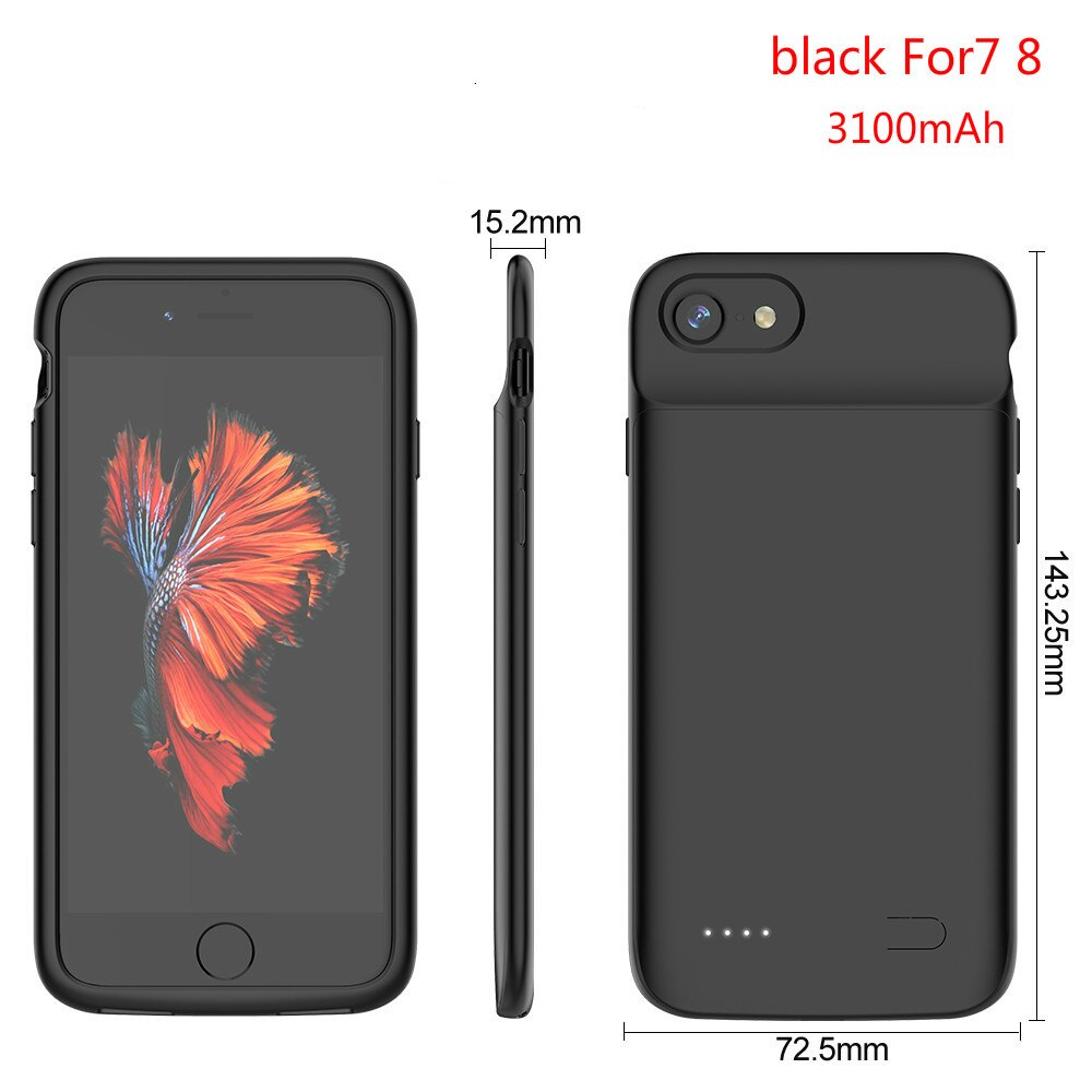Leioua capa de carregador 3100 mah, para iphone 6, 6s, 7, 8, carregamento sem fio, power bank inteligente para iphone 6 caixa de bateria 6s 7 8plus: black For7 8