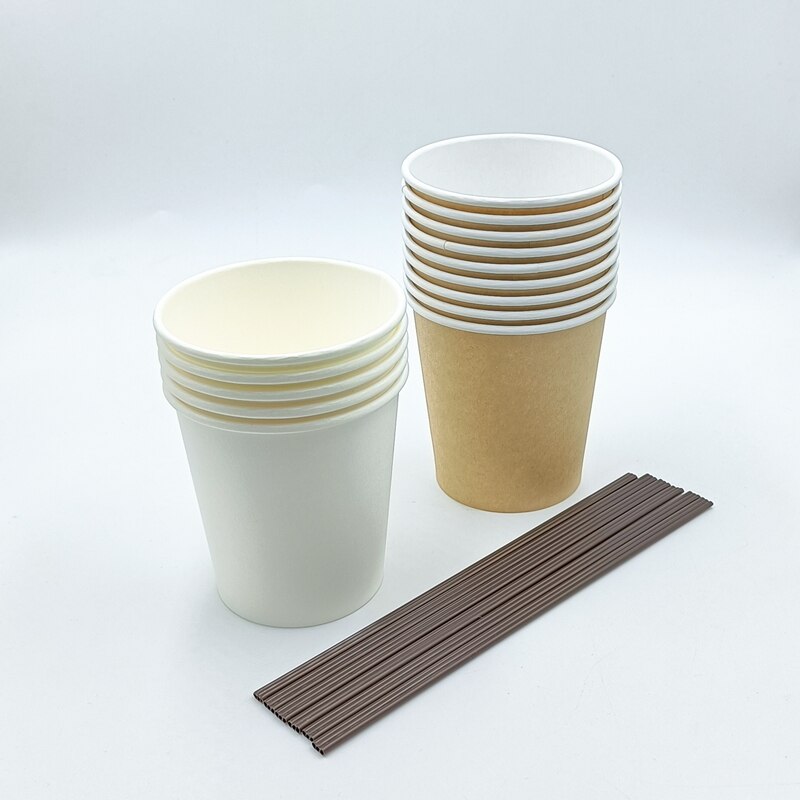 22 Stuks Wit Papier Cups Kraftpapier Cup-Koffie Cups Wegwerp Papier Kopje Melk Kopje Thee Huishouden Drinken feestartikelen 7Oz: 3 with Coffee stick