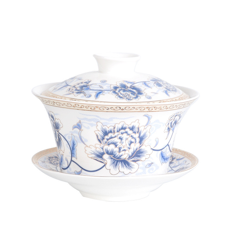 350ml Extra Big Sancai GaiWan Chinese Old Beijing Tea Bowl Jingdezhen Blue and White Porcelain Tea Cup and Saucer Set: Blue Wire Peony