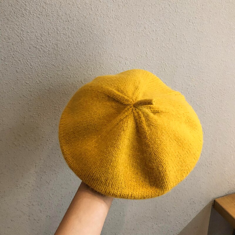 Mix farve strik baret hue dame hue baret hatte vinter forår afslappet uld baretter til kvinder piger: Gul