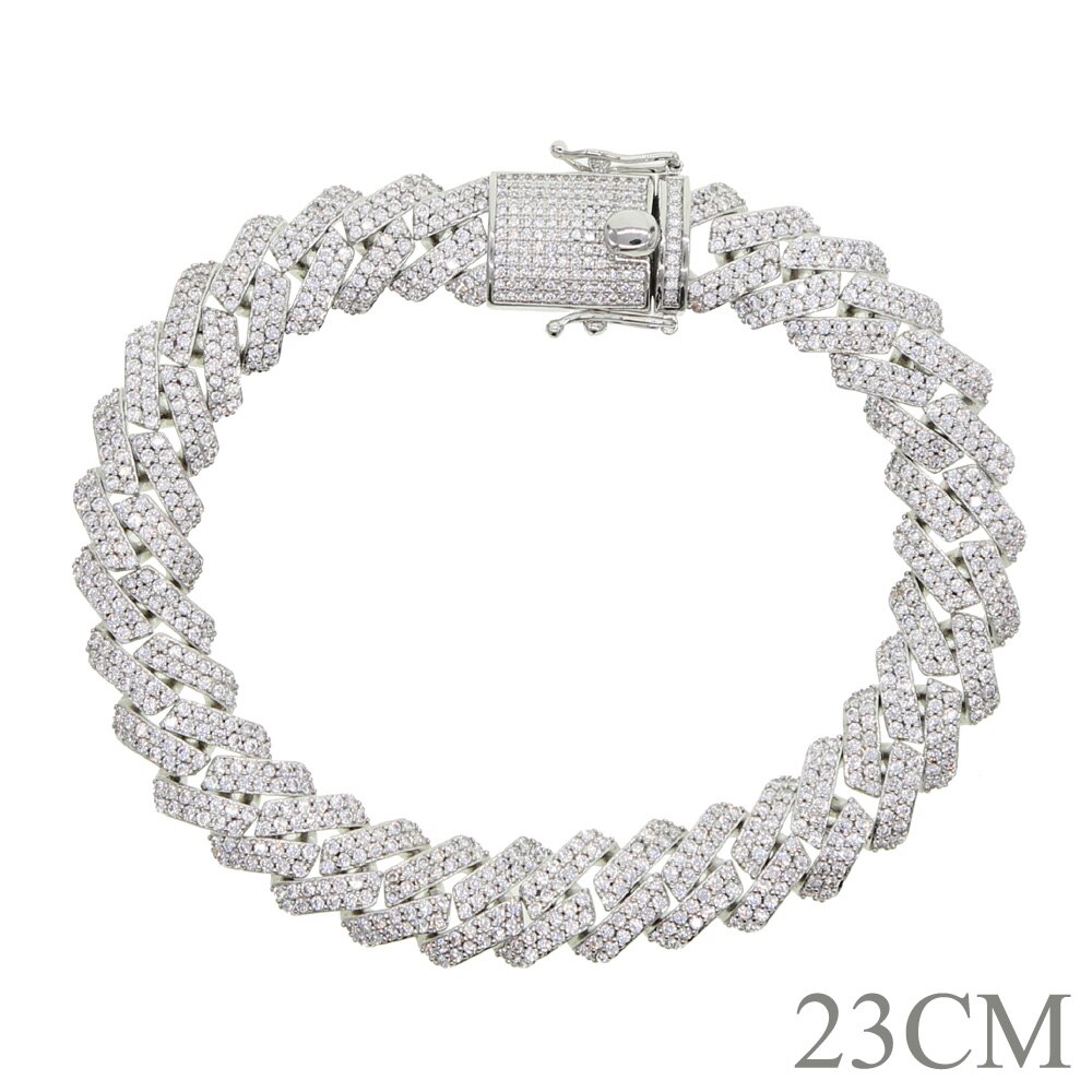 12mm bredde klar cubic zirconia cz miami cubansk kæde anklet til kvinder mænd iset ud hiphop punk sølv farve smykker: 23cm