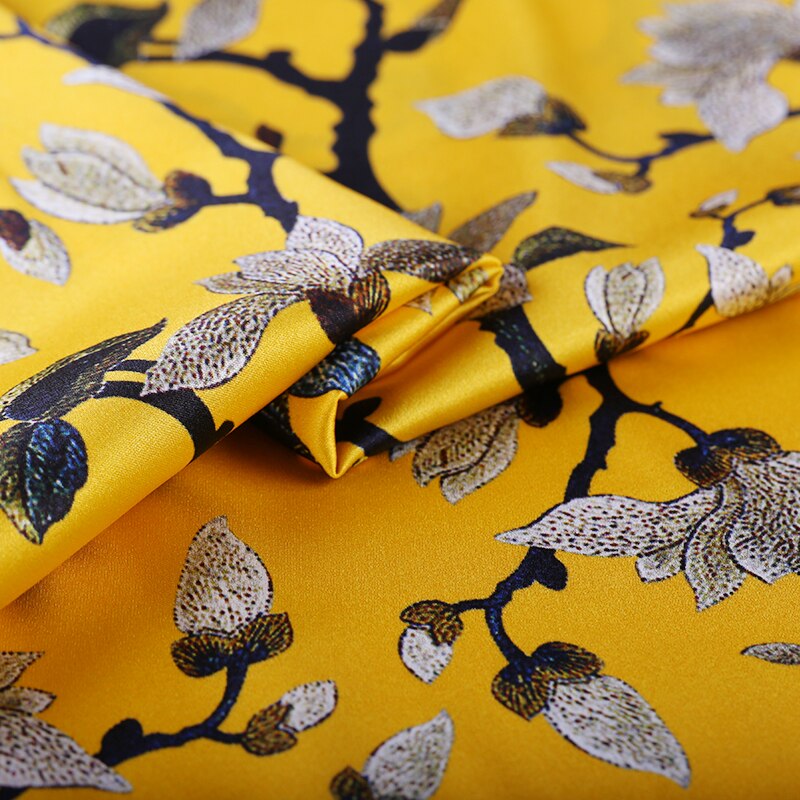 bright yellow floral print real natural silk fabric