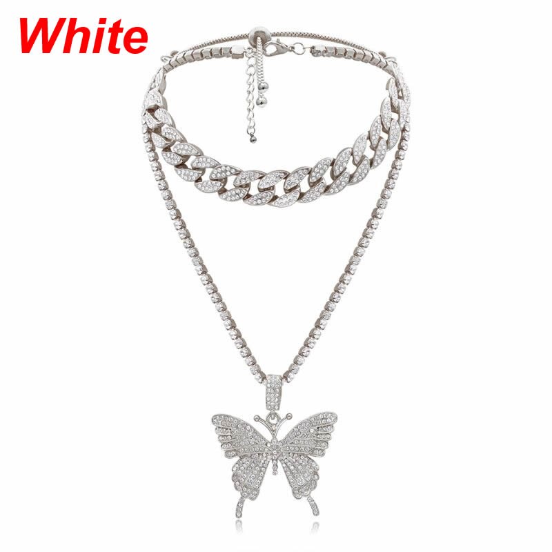 2Pcs Sparking Fully Iced Out Crystal Pave Butterfly Pendant Necklace Cubic Zircon 3D Butterfly Pendant Necklace Jewelry: White