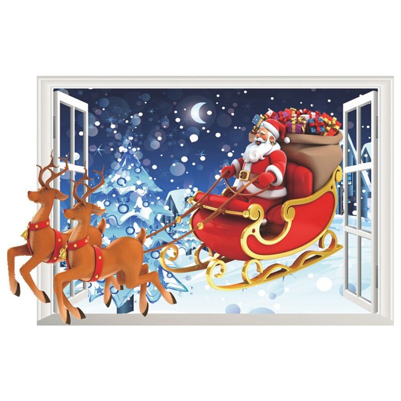 Santa Claus Reindeer 3d Window Wall Stickers For Home Decoration Christmas Diy Festival Mural Art Posters Kids Room Wall Decals