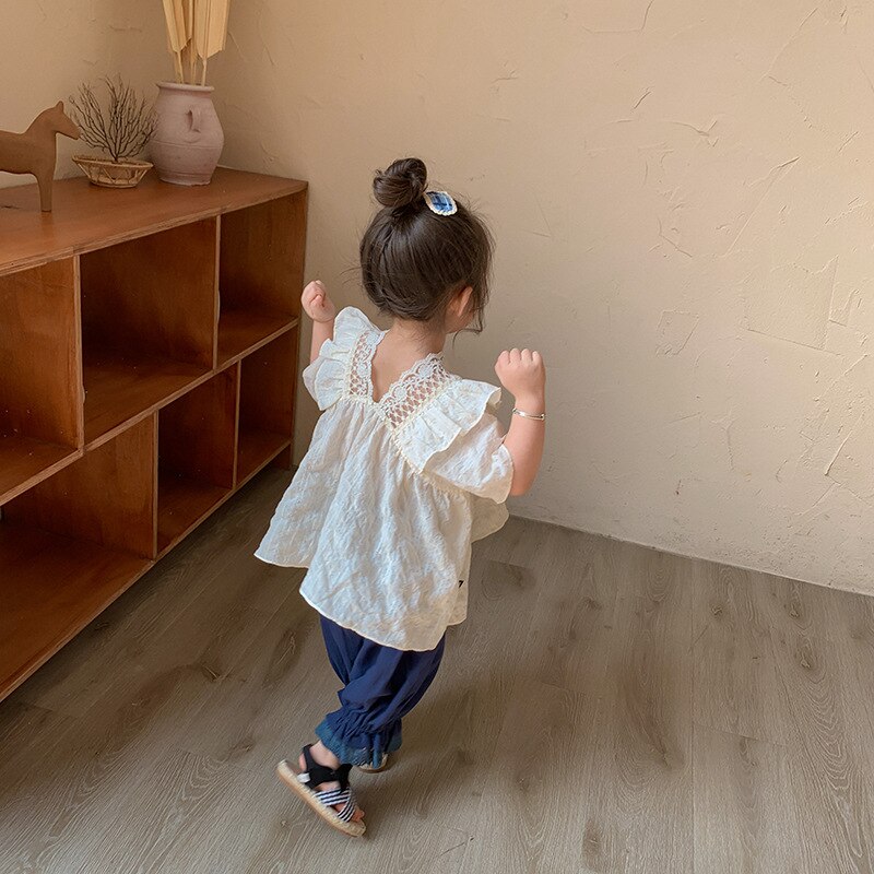 Meisjes Korte Mouw Zomer Zoete Leuke Kant Kleine V-hals Kinderen Casual Effen Kleur Katoenen Baby Shirt Meisjes Shirts