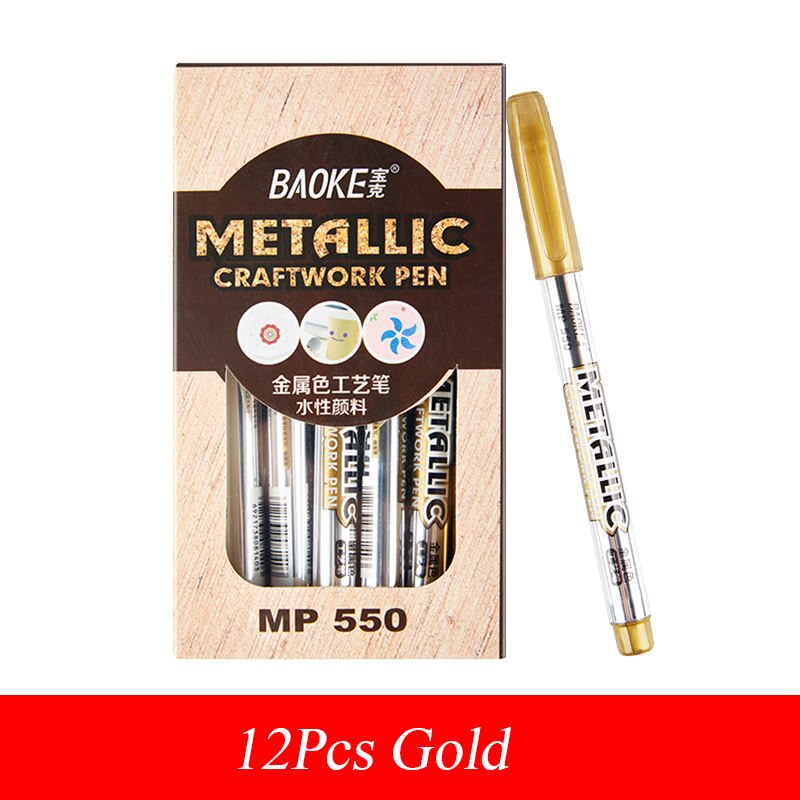 BAOKE Metalli Permanent Paint Marker Pens Waterproof Gold Silver for Drawing Greeting Card Postcard Marker Craftwork Pen: 12Pcs Gold