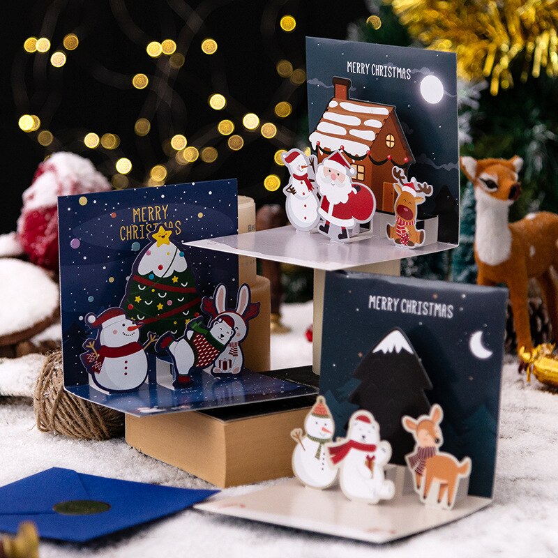6pcs/lot Cartoon Children Greeting Card Year Christmas Festival Santa Pattern 3D Message Cards