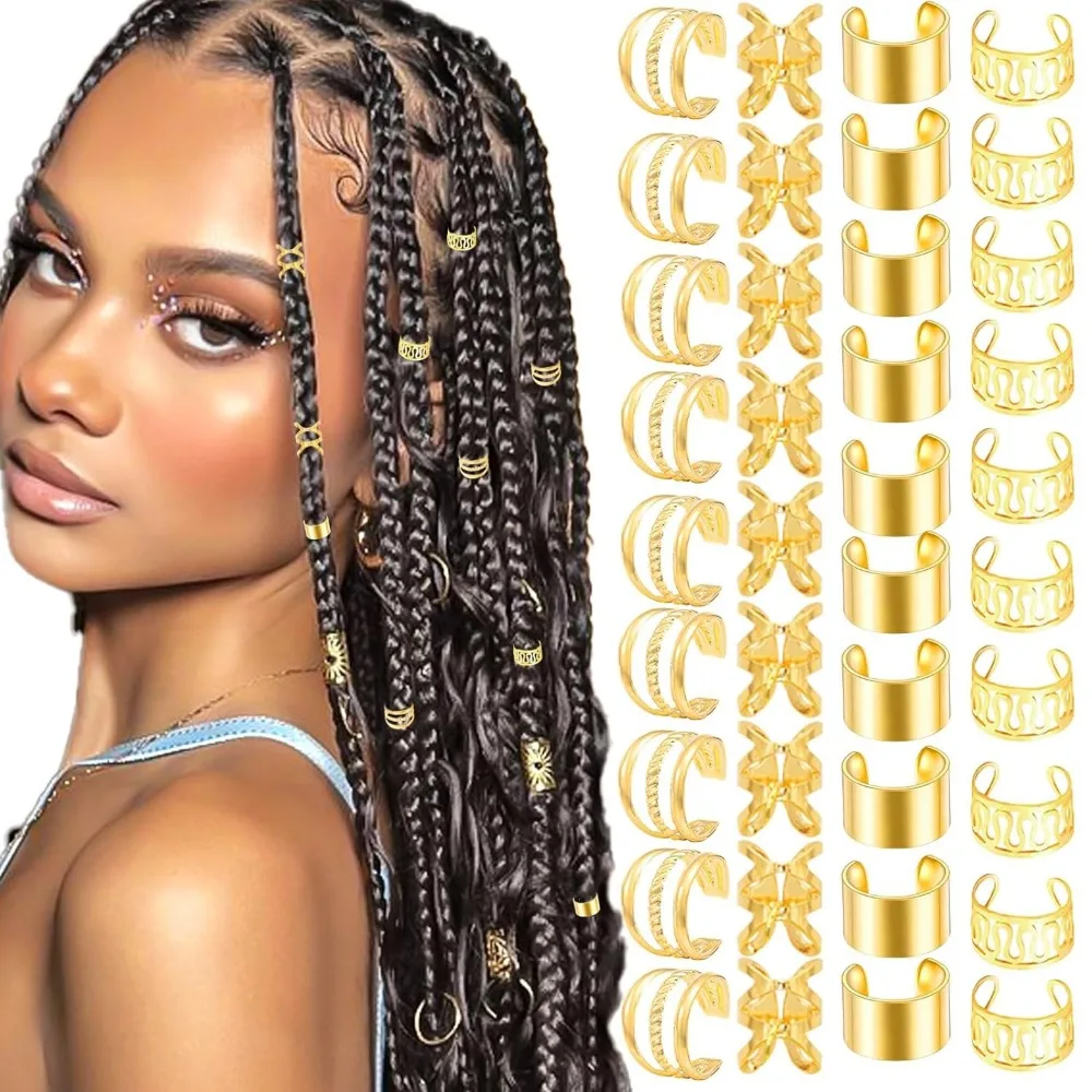 40 Uds joyería para el cabello para trenzas puños dorados para el cabello anillos multiestilo cuentas para el cabello ajustables para trenza Loc accesorios para rastas